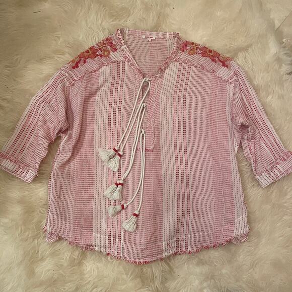 Johnny Was S Embroidered Beaded Top | Red Boho Tunic Peasant Blouse + Pockets - Picture 11 of 12